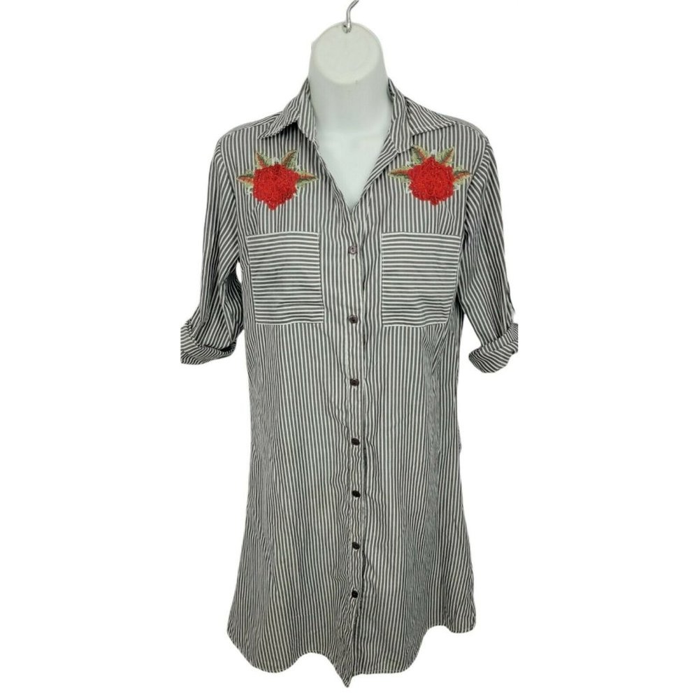 Speed Control Gray and Red Striped and Floral Shirt Dress Size S